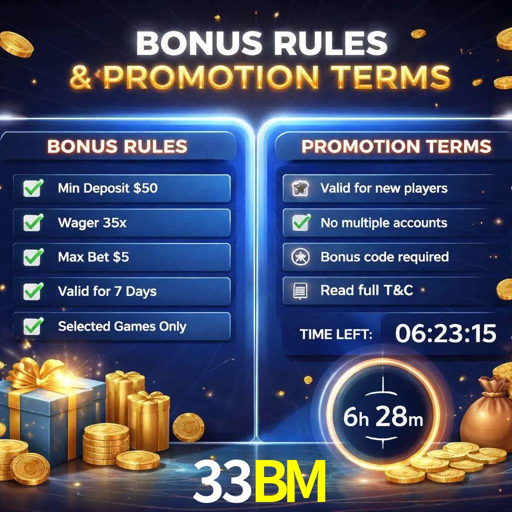 Reglas de promoción 33BM y condiciones de bonos explicadas visualmente