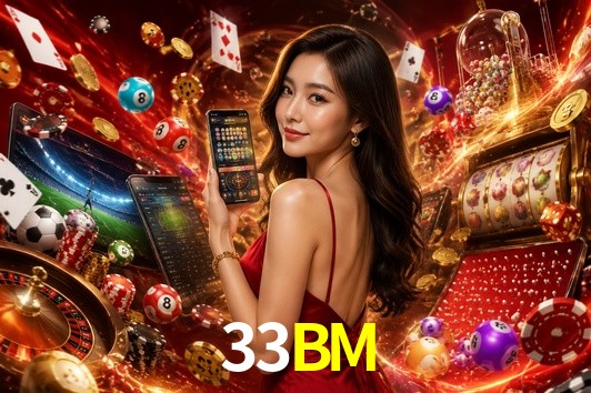 Escena dinámica inspirada en casino con iluminación 33BM, cartas, fichas e íconos de juegos digitales en un espacio moderno de juegos.