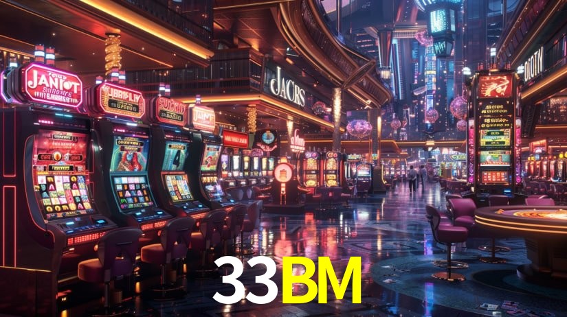 Una escena digital vívida inspirada en casino con 33BM mostrado prominentemente, luces brillantes, fichas, cartas y acentos dorados.