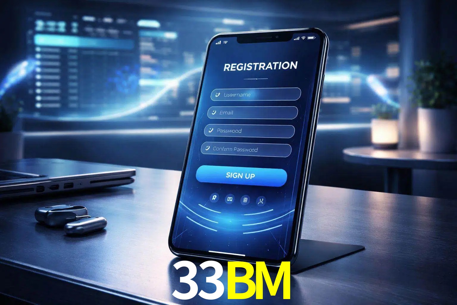Una interfaz moderna de registro móvil para 33BM mostrada en un smartphone con un panel de apuestas elegante.